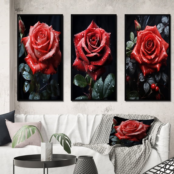 Designart "Red Black Rose magic Beauty III" Floral Framed Wall Art Set Of 3 - Red Flower Frame Canvas Set For Living Room Decor