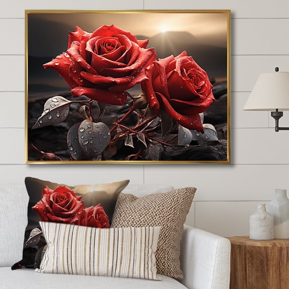 Designart "Red Black Roses landscape With Sunset" Floral Floater Framed Canvas Art Print