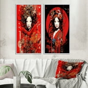 Designart "Red & Black Vintage Oriental Beauty IV" Japon Woman Framed Wall Art Set Of 2 - Glam Red Framed Canvas Set For Living Room Decor