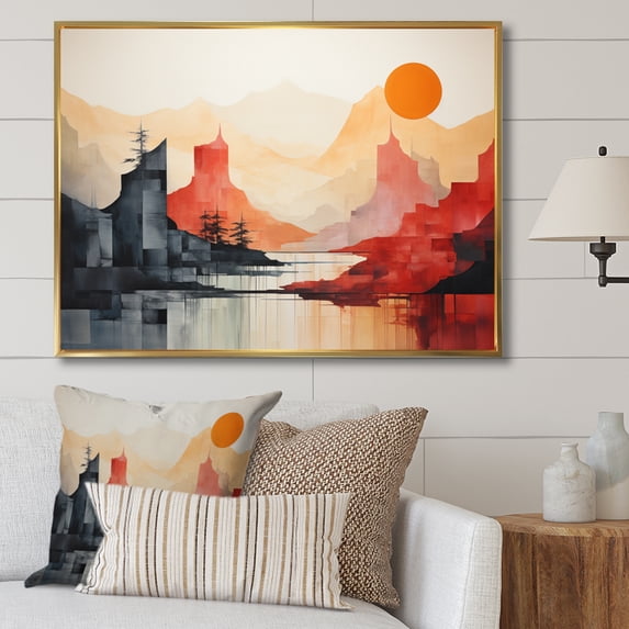 Designart "Red Black modern Mountain Landscape" Romantic Landscape Floater Framed Wall Art Print