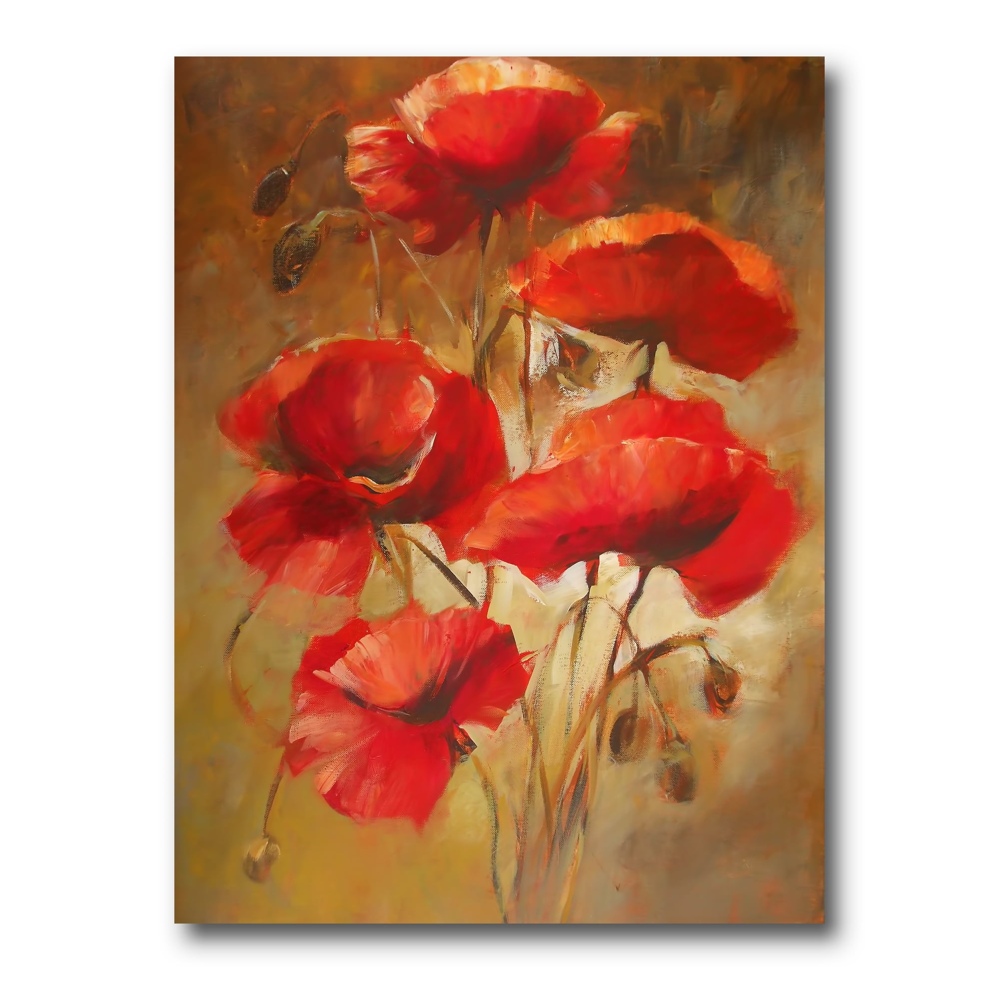 Designart ' Red Blossoming Poppies Over Wild Brown I ' Traditional Canvas Wall Art Print