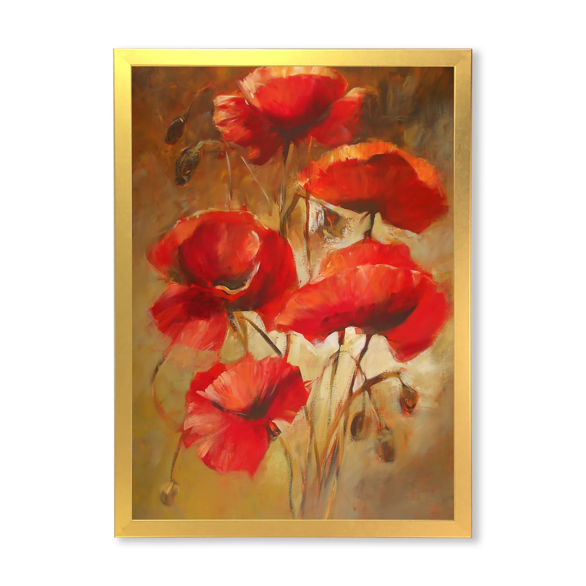Designart 'Red Blossoming Poppies Over Wild Brown I' Traditional Framed Art Print