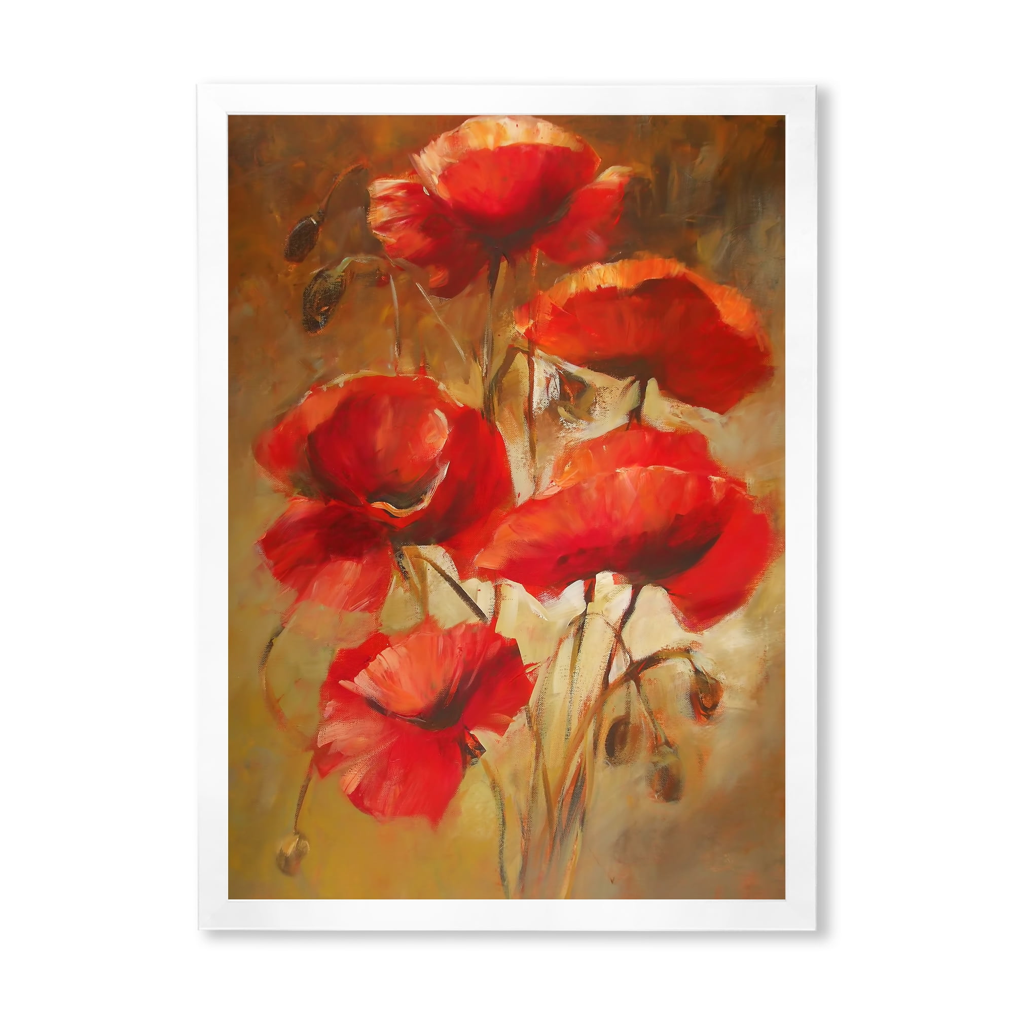 Designart 'Red Blossoming Poppies Over Wild Brown I' Traditional Framed Art Print