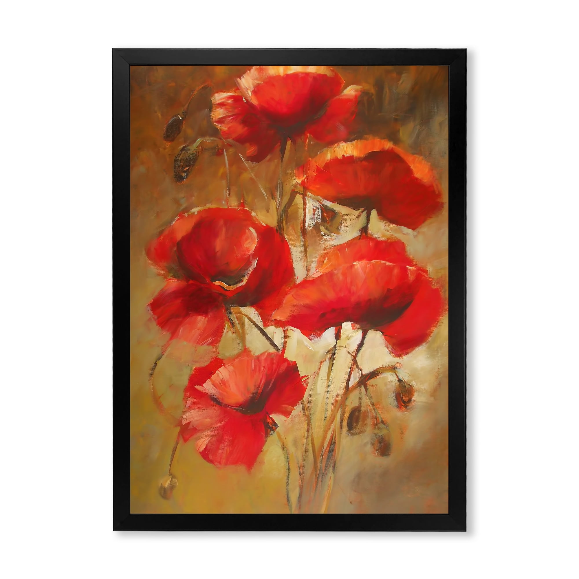 Designart 'Red Blossoming Poppies Over Wild Brown I' Traditional Framed Art Print