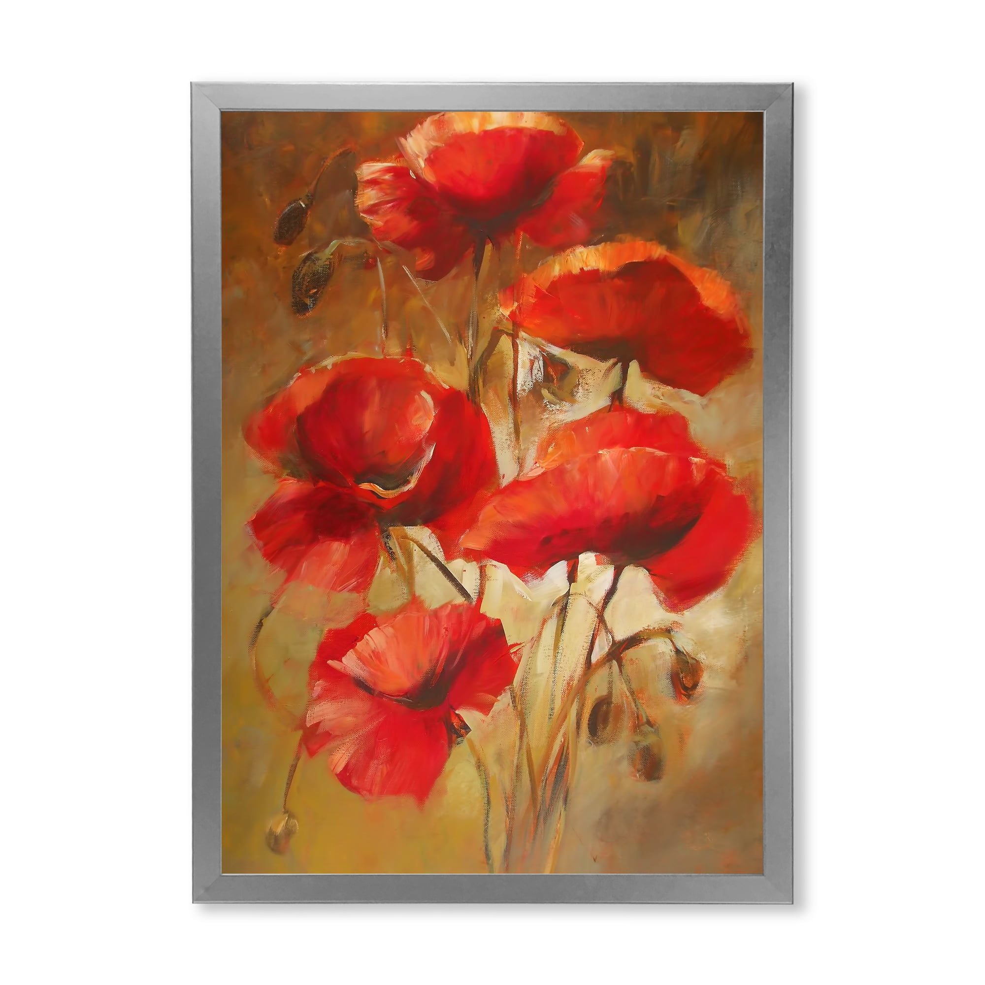 Designart 'Red Blossoming Poppies Over Wild Brown I' Traditional Framed Art Print