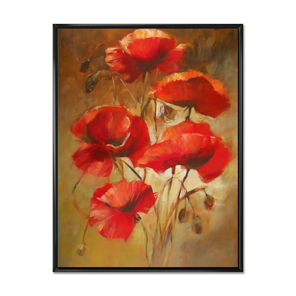 Designart 'Red Blossoming Poppies Over Wild Brown I' Traditional Framed Canvas Wall Art Print