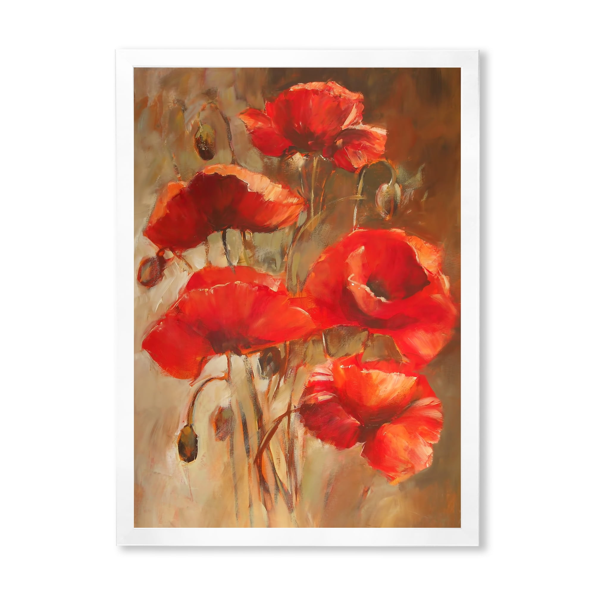 Designart 'Red Blossoming Poppies Over Wild Brown II' Traditional Framed Art Print