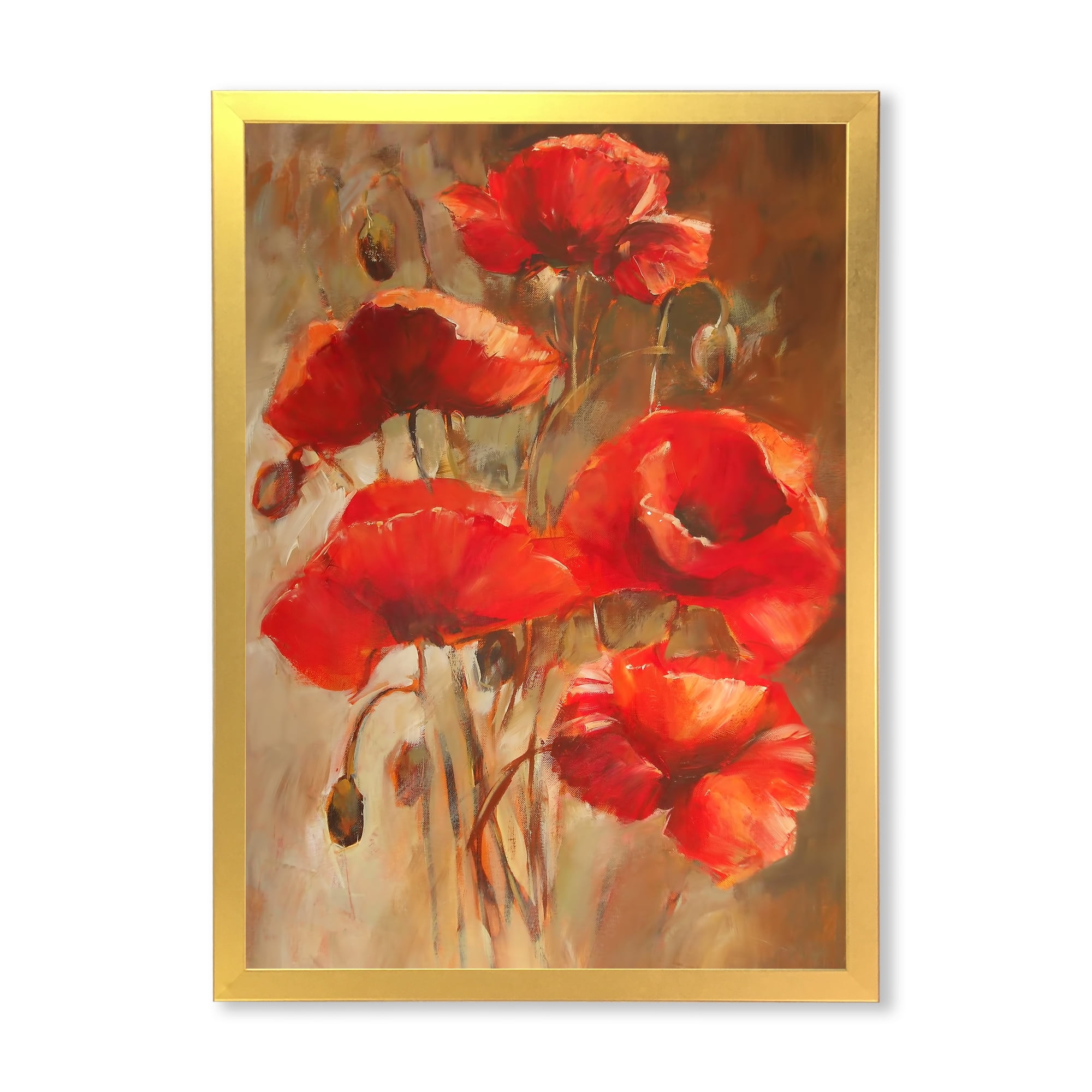 Designart 'Red Blossoming Poppies Over Wild Brown II' Traditional Framed Art Print