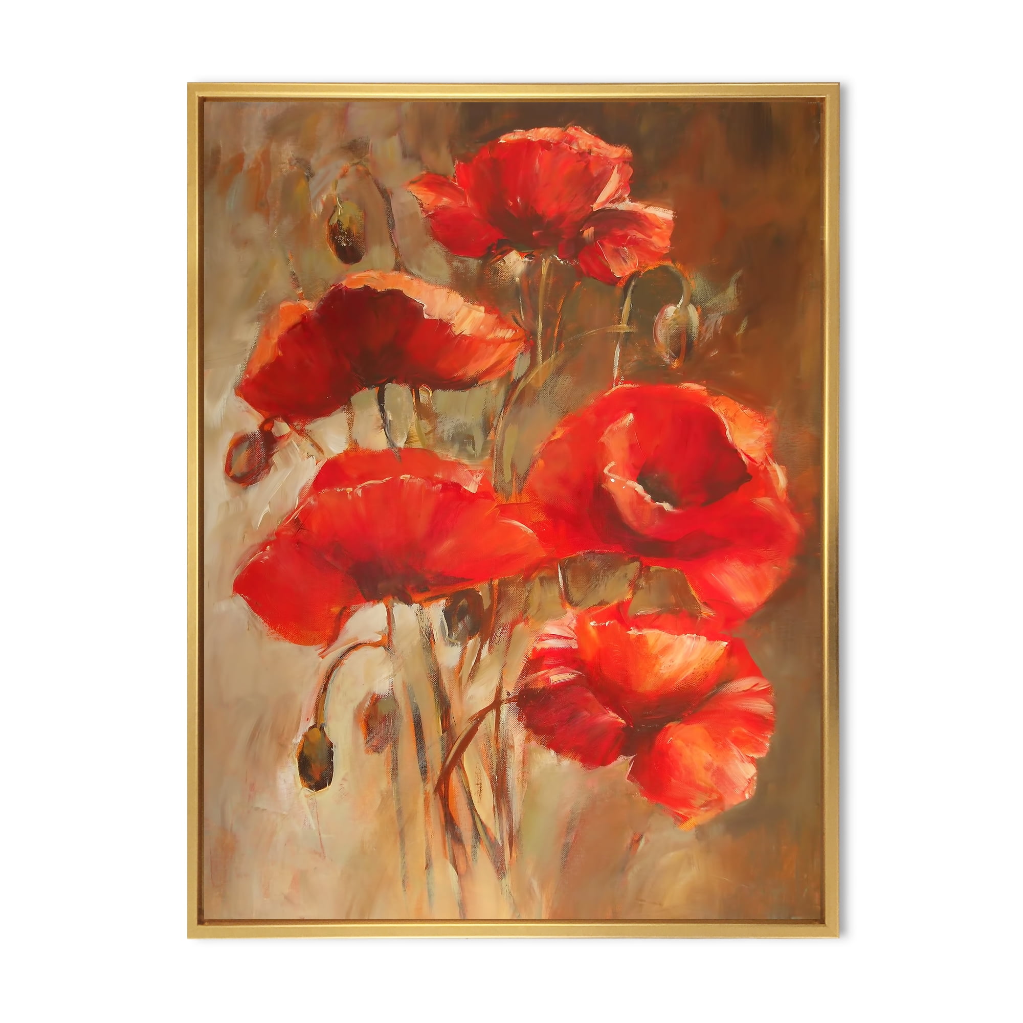 Designart 'Red Blossoming Poppies Over Wild Brown II' Traditional Framed Canvas Wall Art Print