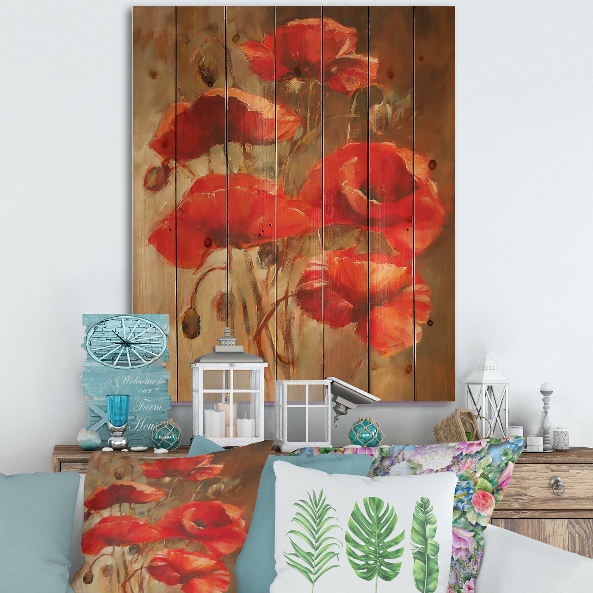 Designart 'Red Blossoming Poppies Over Wild Brown II' Traditional Print on Natural Pine Wood
