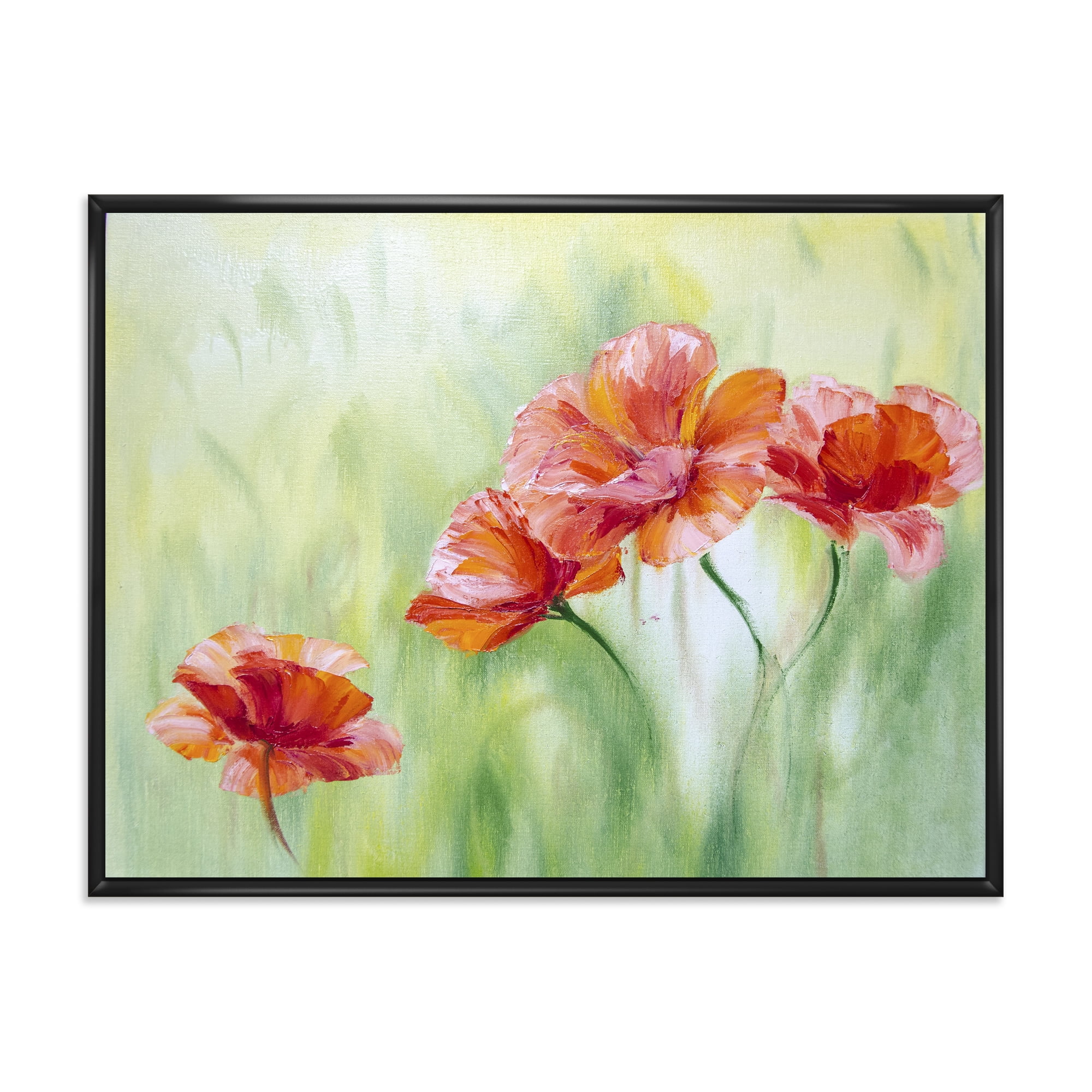 Designart 'Red Blossoming Poppies Over Wild Green I' Traditional Framed Canvas Wall Art Print