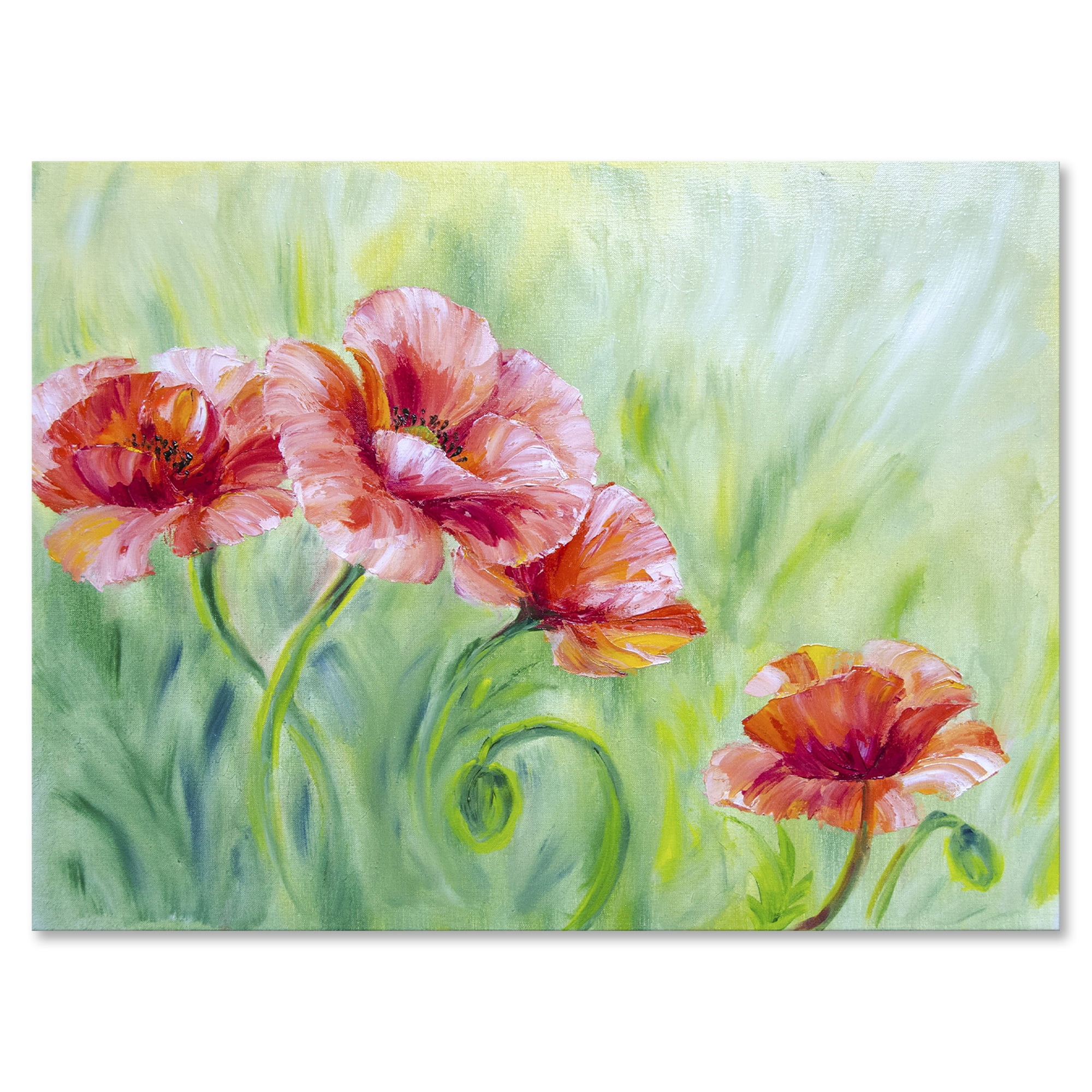 Designart ' Red Blossoming Poppies Over Wild Green II ' Traditional Canvas Wall Art Print