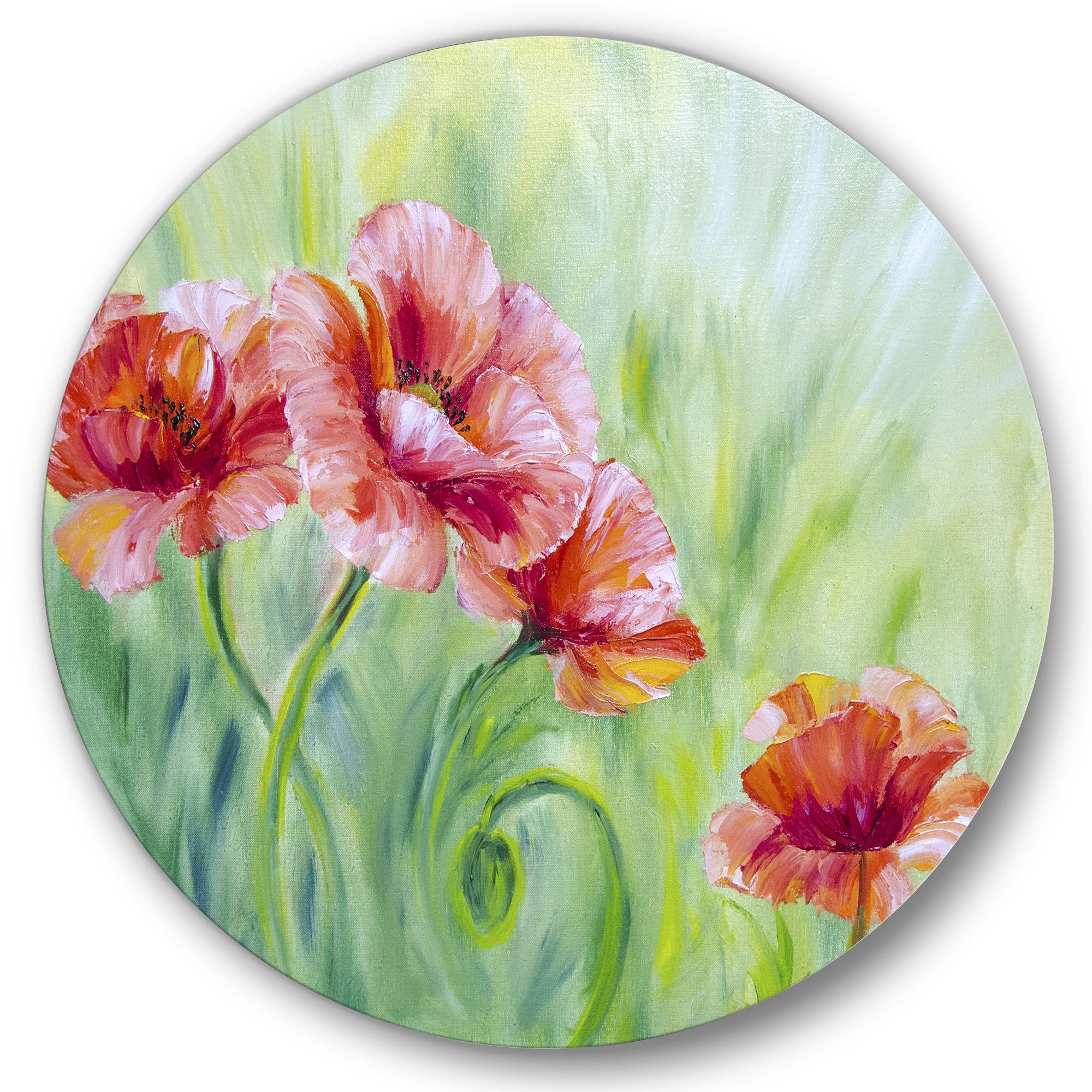Designart 'Red Blossoming Poppies Over Wild Green II' Traditional Circle Metal Wall Art 36x36 - Disc of 36