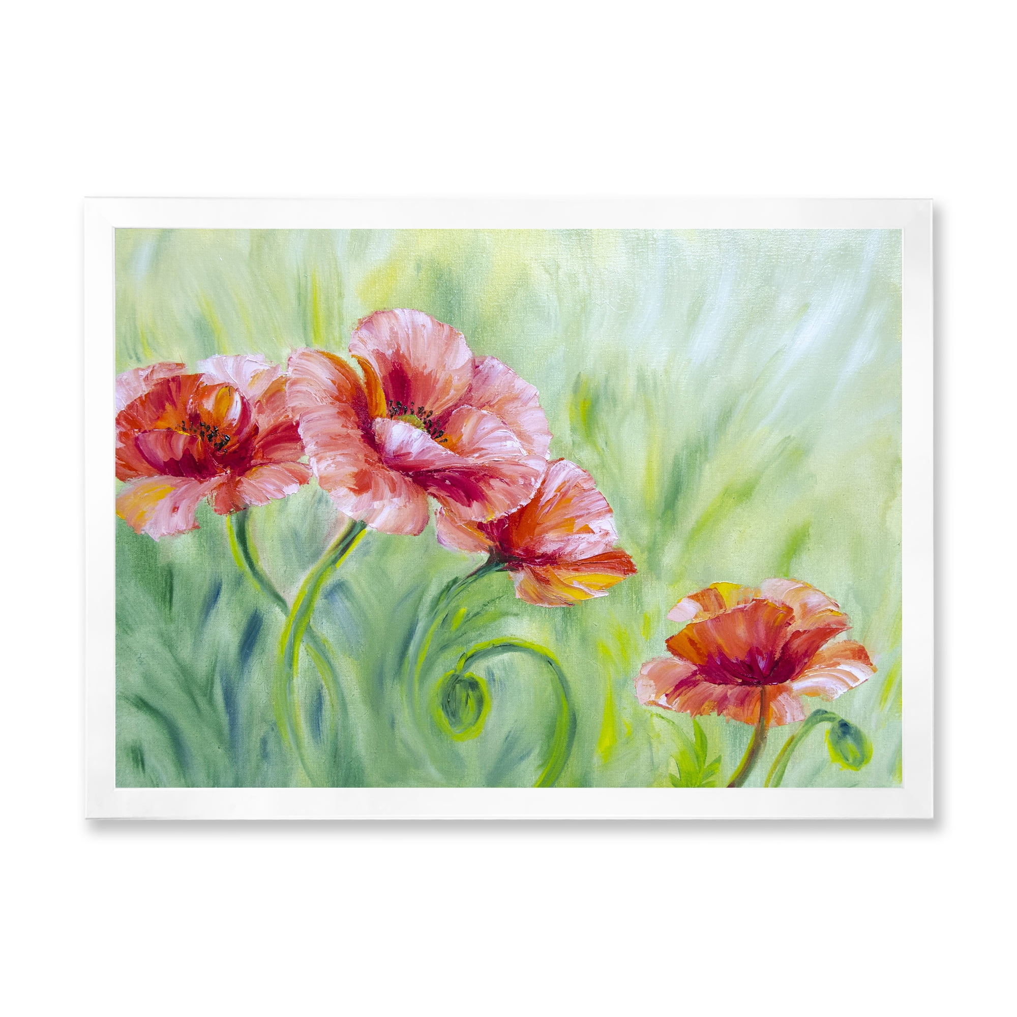 Designart 'Red Blossoming Poppies Over Wild Green II' Traditional Framed Art Print