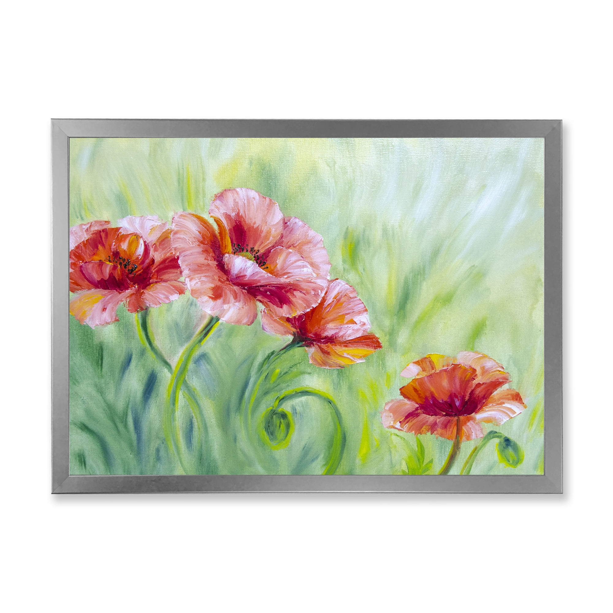 Designart 'Red Blossoming Poppies Over Wild Green II' Traditional Framed Art Print