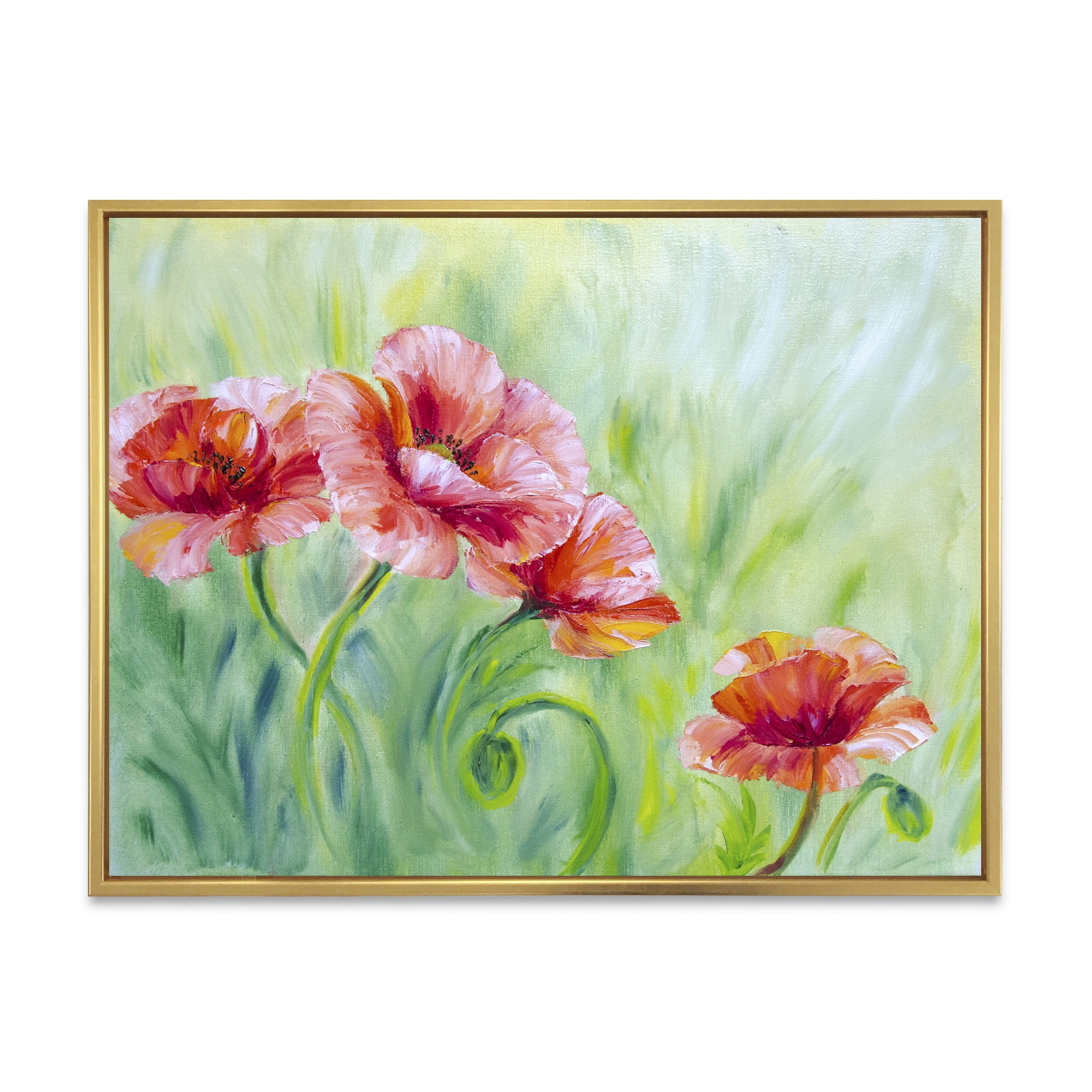 Designart 'Red Blossoming Poppies Over Wild Green II' Traditional Framed Canvas Wall Art Print
