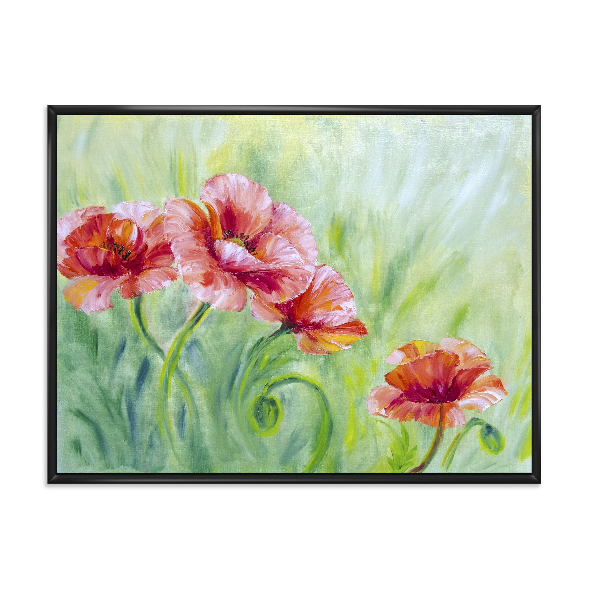 Designart 'Red Blossoming Poppies Over Wild Green II' Traditional Framed Canvas Wall Art Print