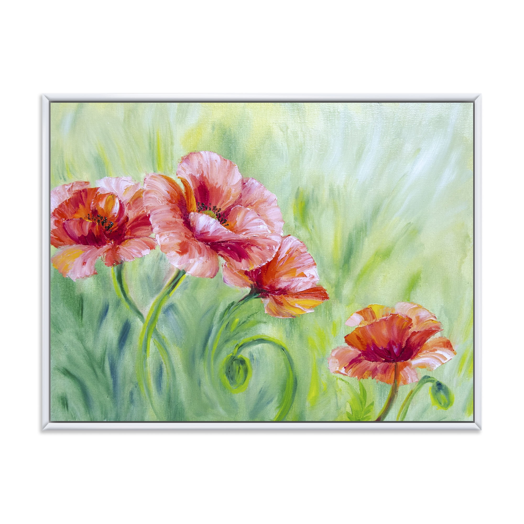 Designart 'Red Blossoming Poppies Over Wild Green II' Traditional Framed Canvas Wall Art Print