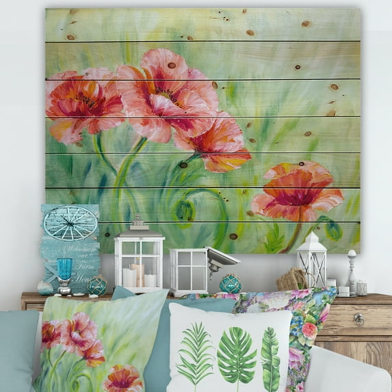 Designart 'Red Blossoming Poppies Over Wild Green II' Traditional Print on Natural Pine Wood