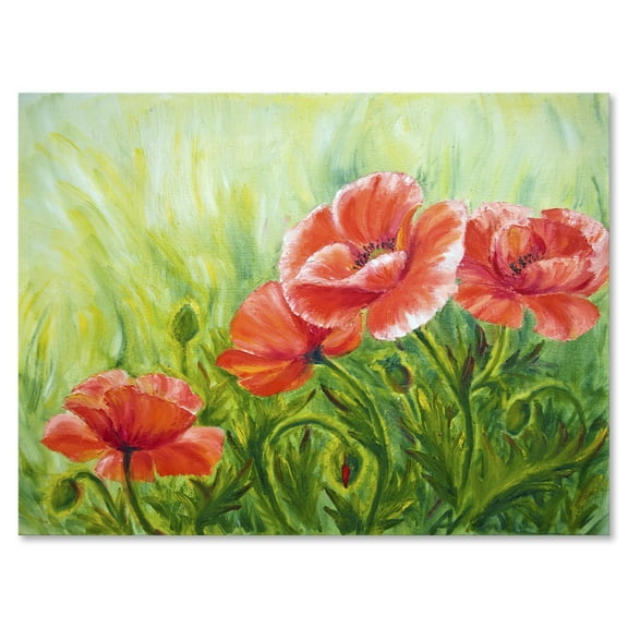 Designart ' Red Blossoming Poppies Over Wild Green III ' Traditional Canvas Wall Art Print
