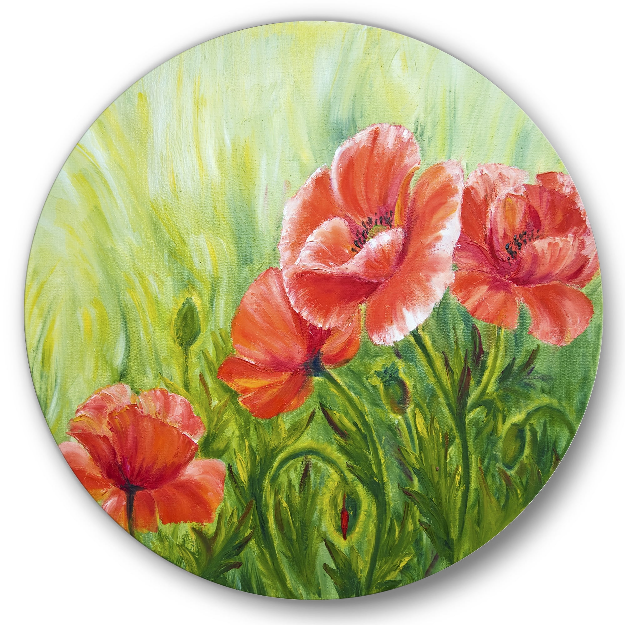 Designart 'Red Blossoming Poppies Over Wild Green III' Traditional Circle Metal Wall Art 11x11 - Disc of 11