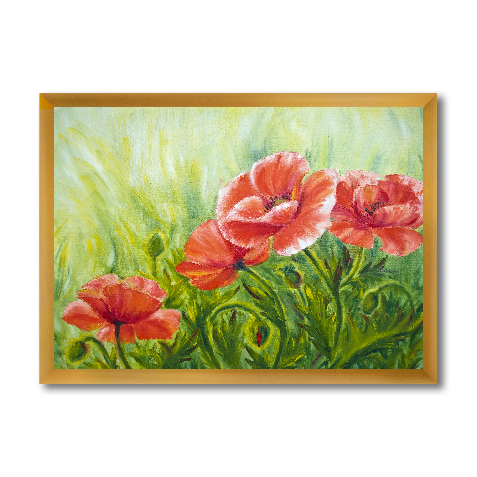 Designart 'Red Blossoming Poppies Over Wild Green III' Traditional Framed Art Print