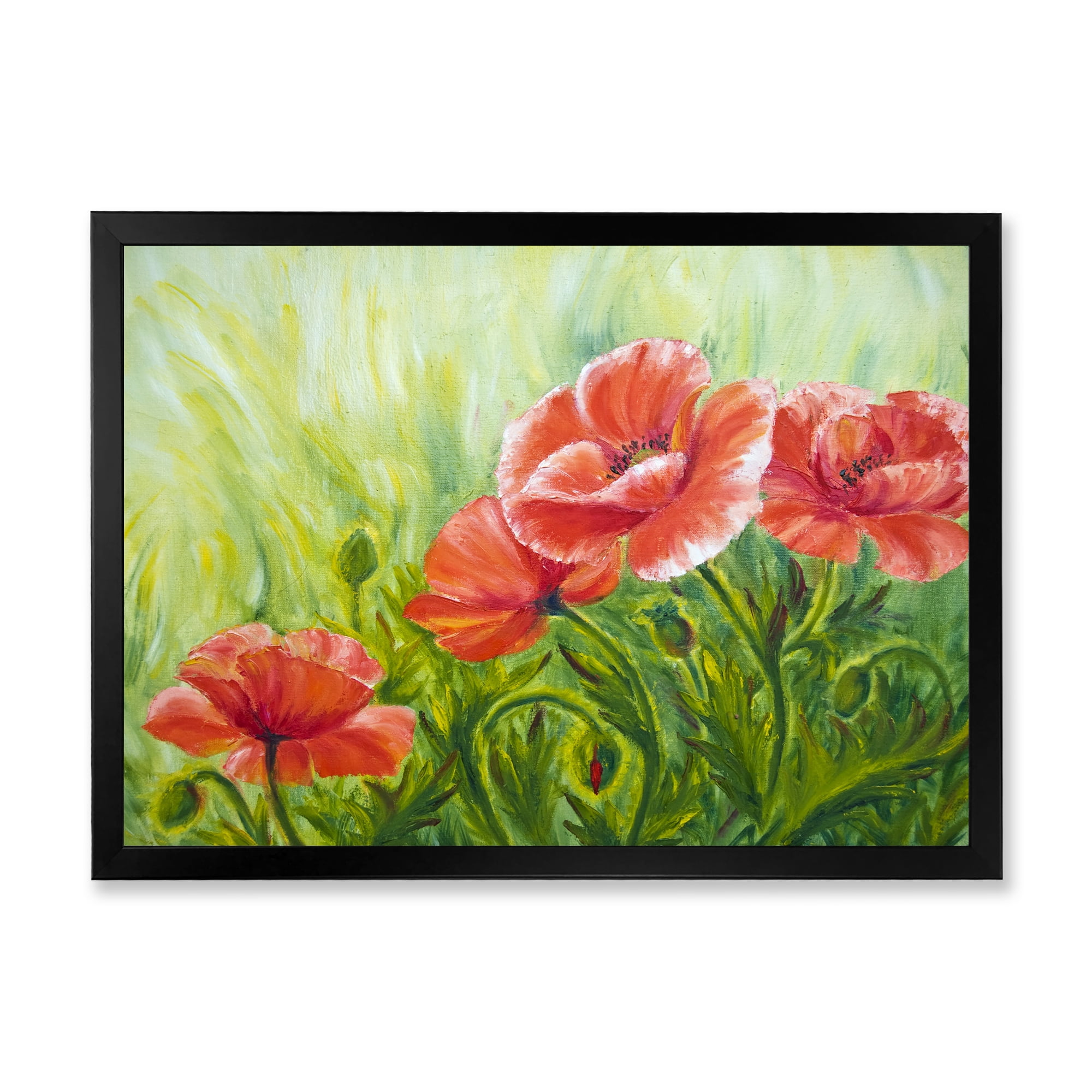 Designart 'Red Blossoming Poppies Over Wild Green III' Traditional Framed Art Print