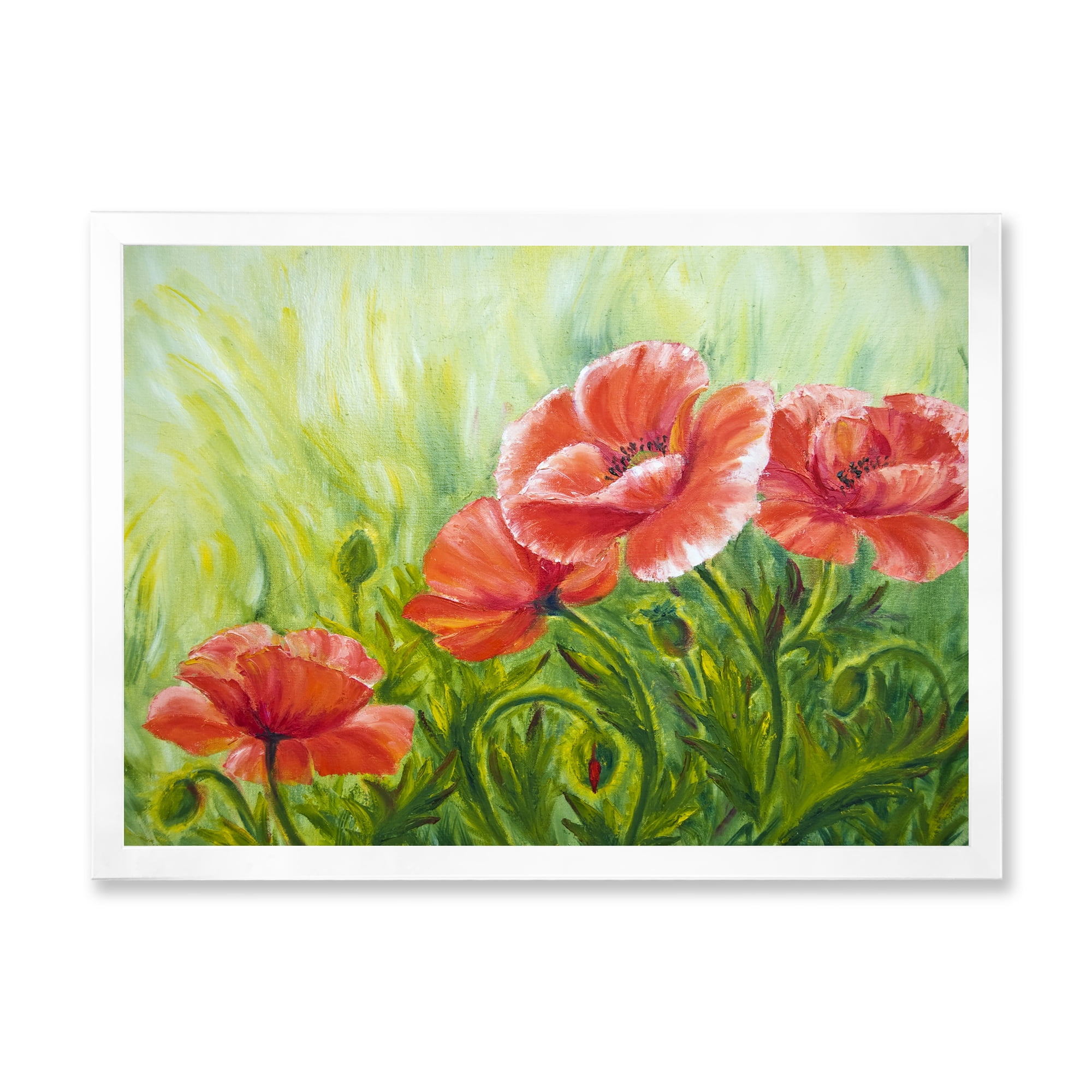 Designart 'Red Blossoming Poppies Over Wild Green III' Traditional Framed Art Print