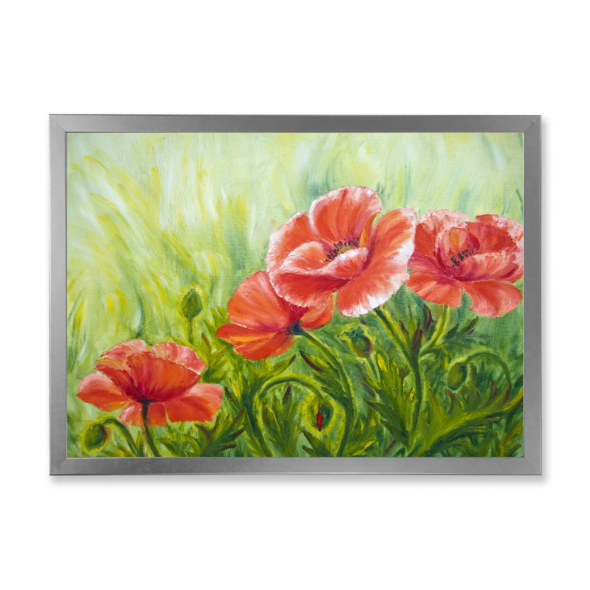 Designart 'Red Blossoming Poppies Over Wild Green III' Traditional Framed Art Print
