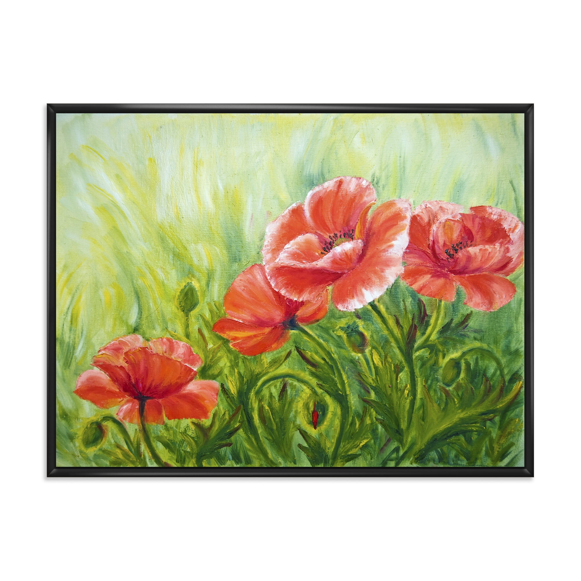 Designart 'Red Blossoming Poppies Over Wild Green III' Traditional Framed Canvas Wall Art Print