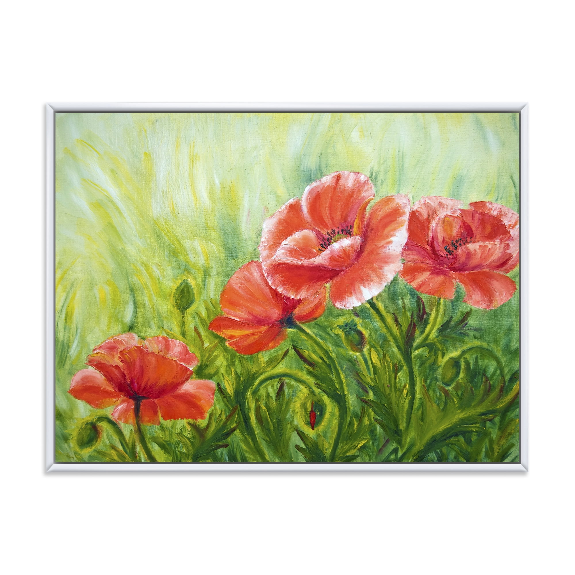 Designart 'Red Blossoming Poppies Over Wild Green III' Traditional Framed Canvas Wall Art Print