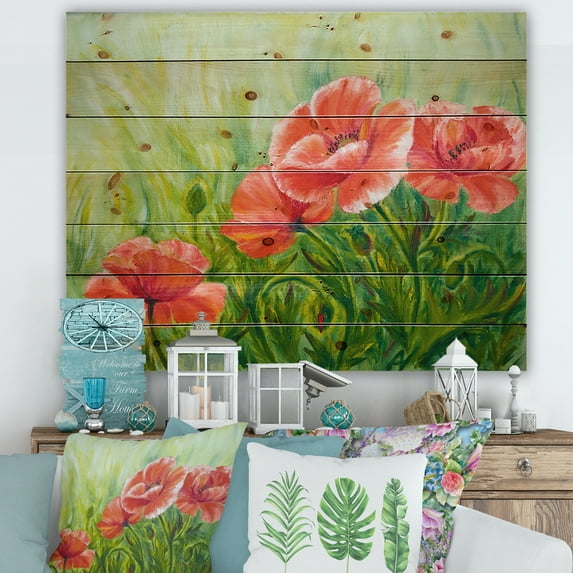 Designart 'Red Blossoming Poppies Over Wild Green III' Traditional Print on Natural Pine Wood