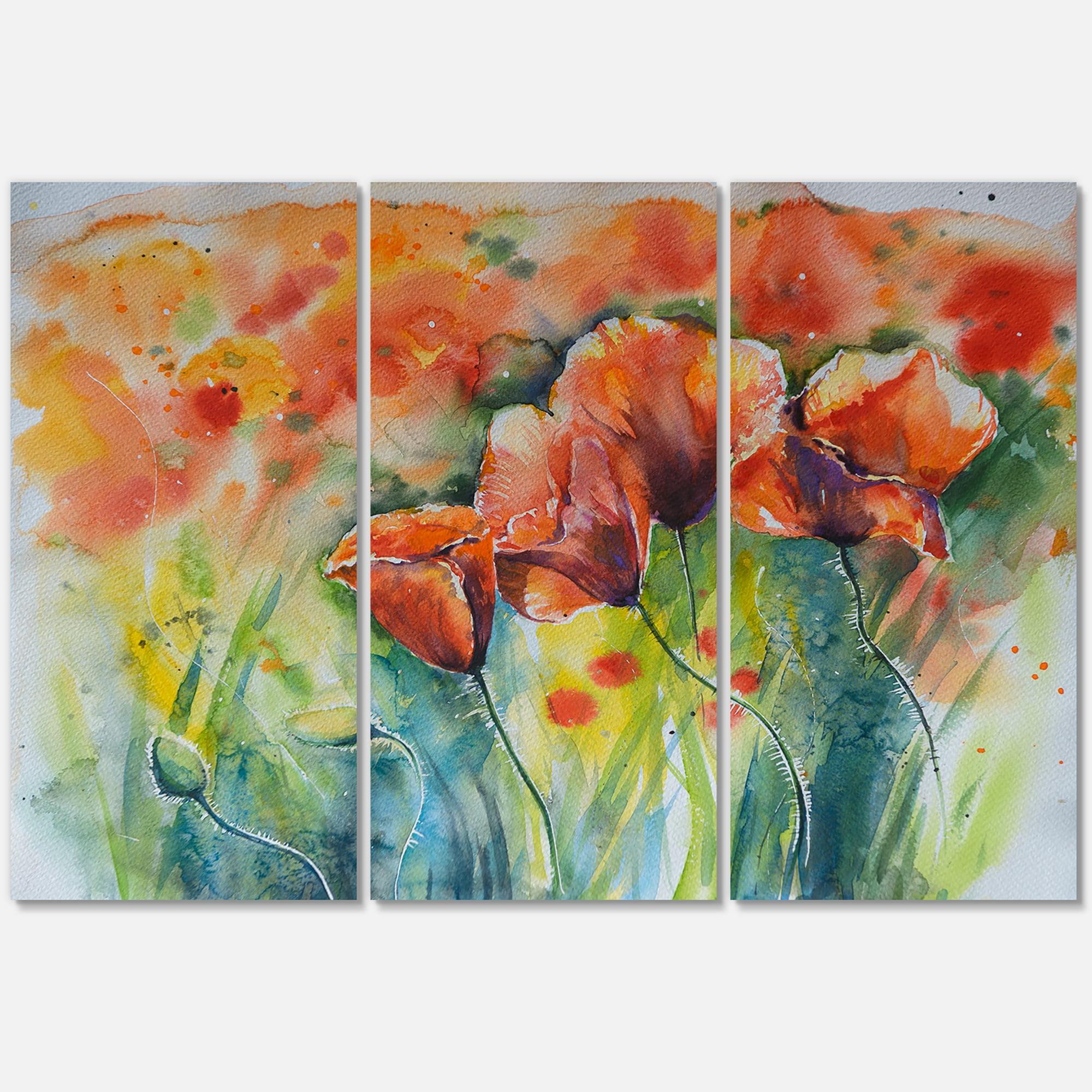 Designart ' Red Blossoming Poppies Over Wild Green IV ' Traditional Canvas Wall Art Print