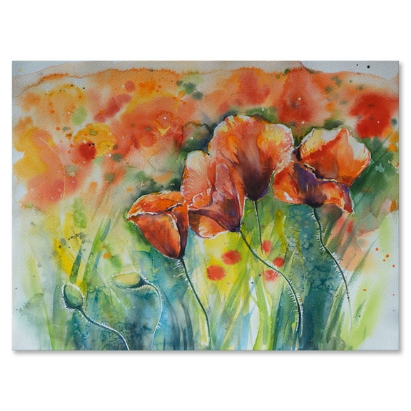 Designart ' Red Blossoming Poppies Over Wild Green IV ' Traditional Canvas Wall Art Print