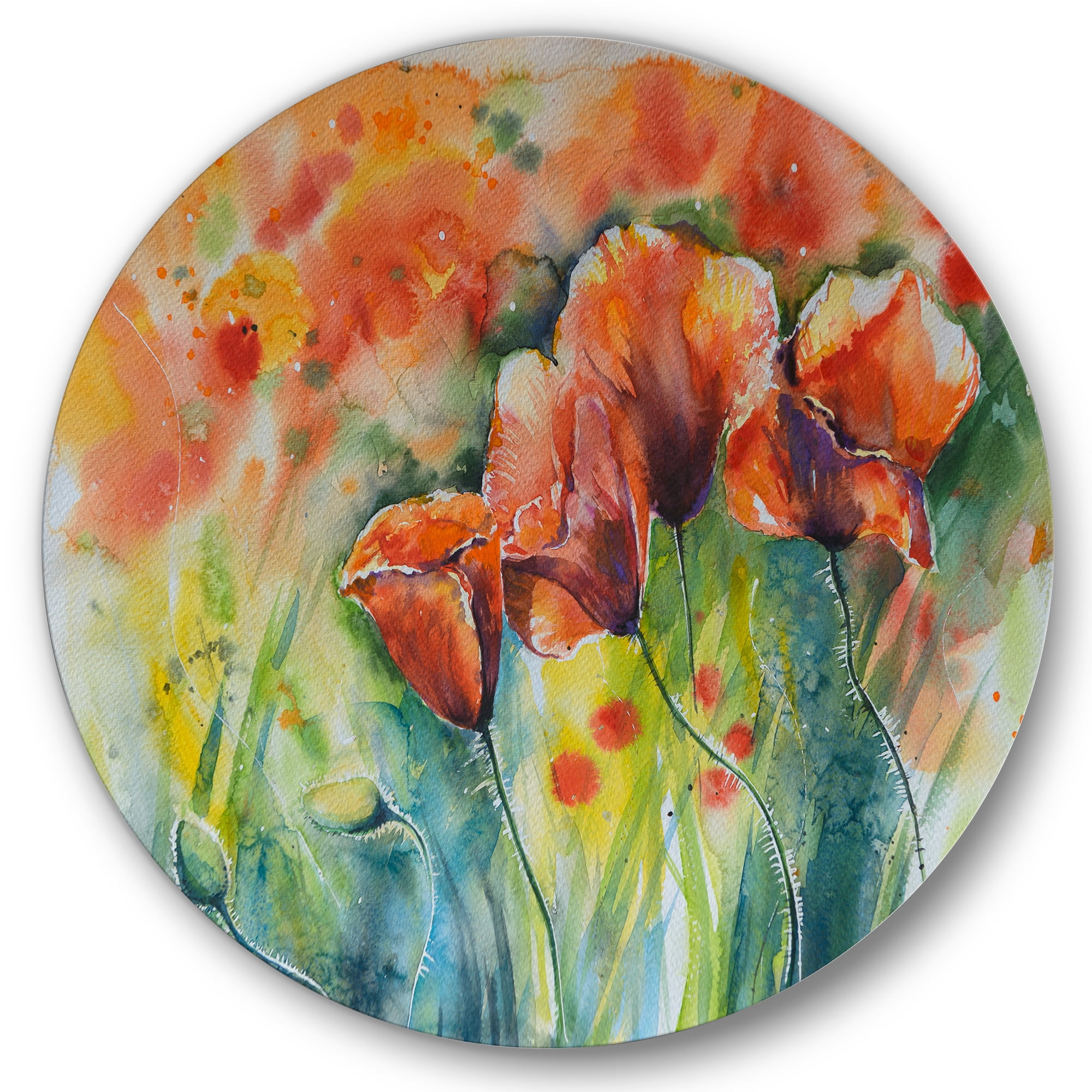 Designart 'Red Blossoming Poppies Over Wild Green IV' Traditional Circle Metal Wall Art 29x29 - Disc of 29