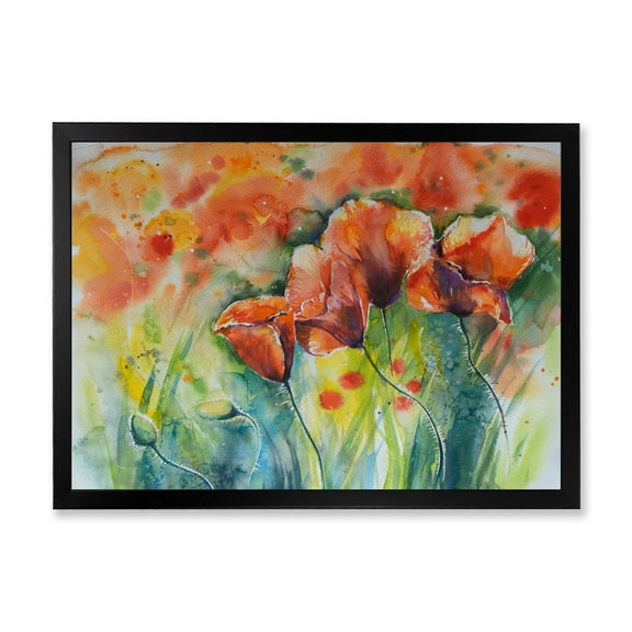 Designart 'Red Blossoming Poppies Over Wild Green IV' Traditional Framed Art Print