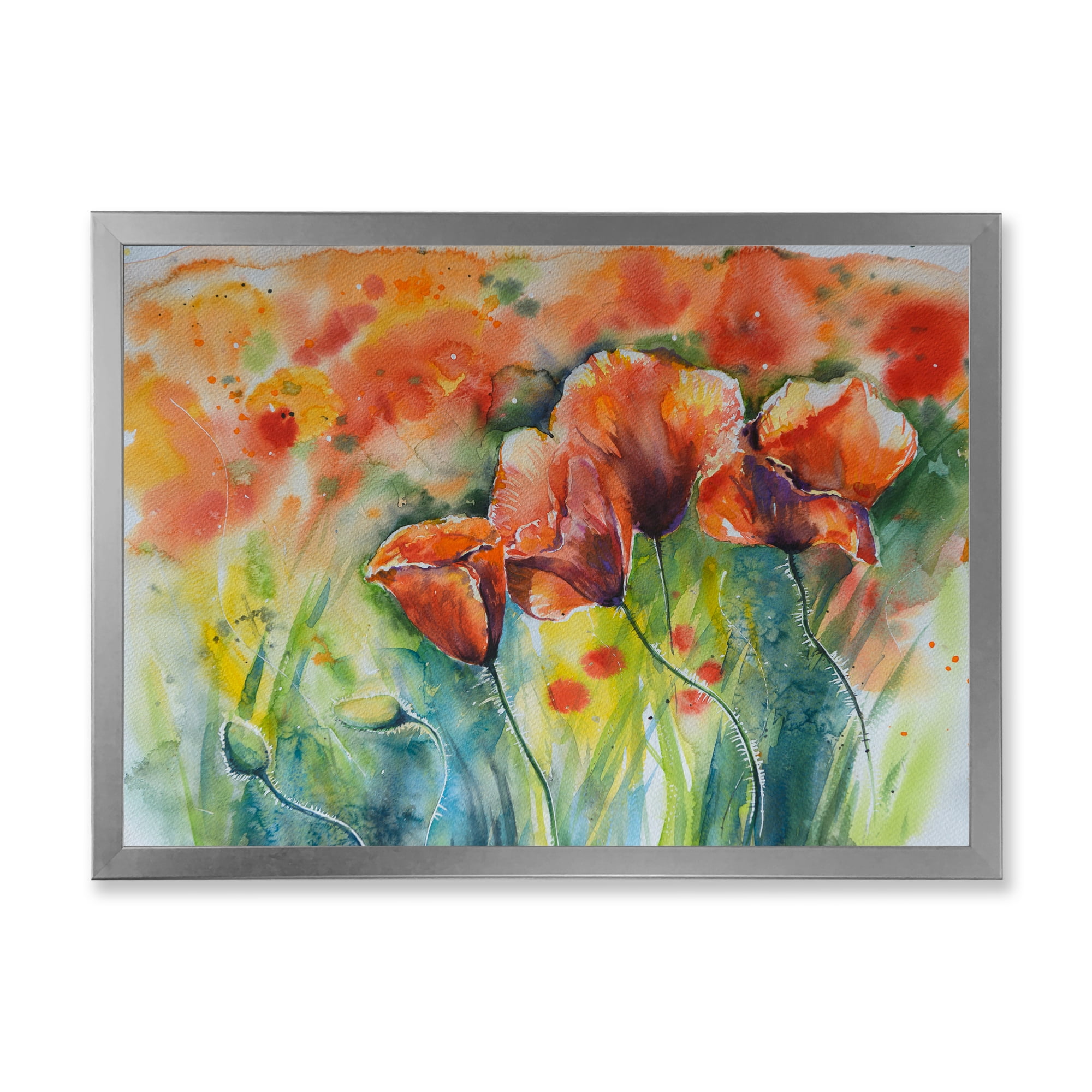 Designart 'Red Blossoming Poppies Over Wild Green IV' Traditional Framed Art Print