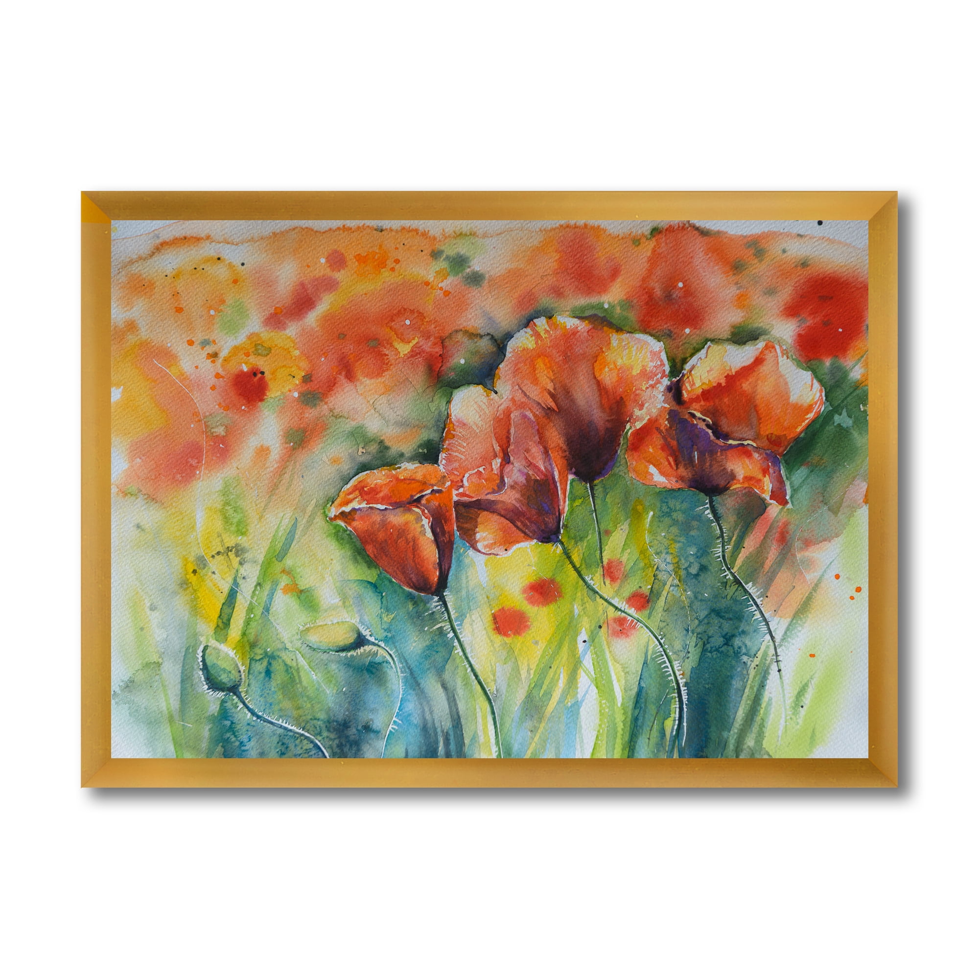 Designart 'Red Blossoming Poppies Over Wild Green IV' Traditional Framed Art Print