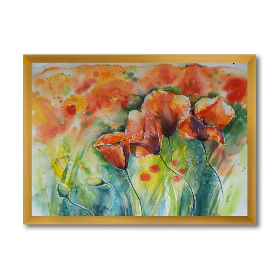 Designart 'Red Blossoming Poppies Over Wild Green IV' Traditional Framed Art Print