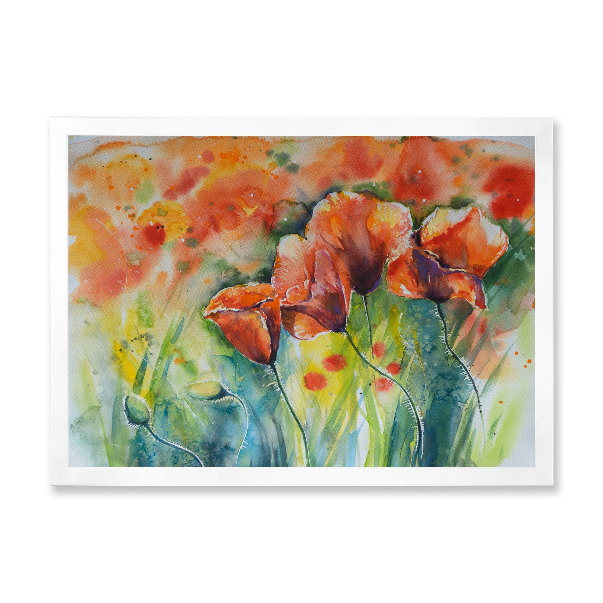 Designart 'Red Blossoming Poppies Over Wild Green IV' Traditional Framed Art Print