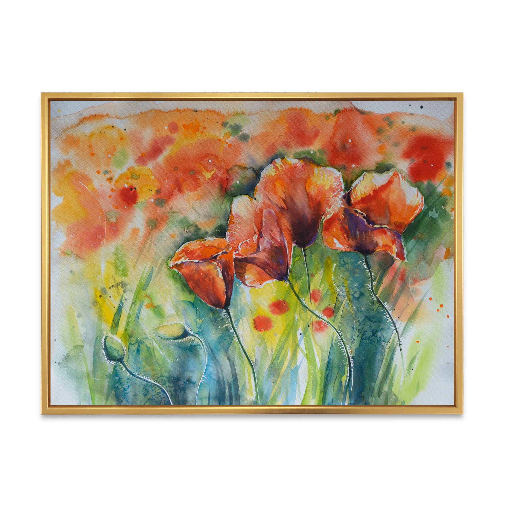 Designart 'Red Blossoming Poppies Over Wild Green IV' Traditional Framed Canvas Wall Art Print