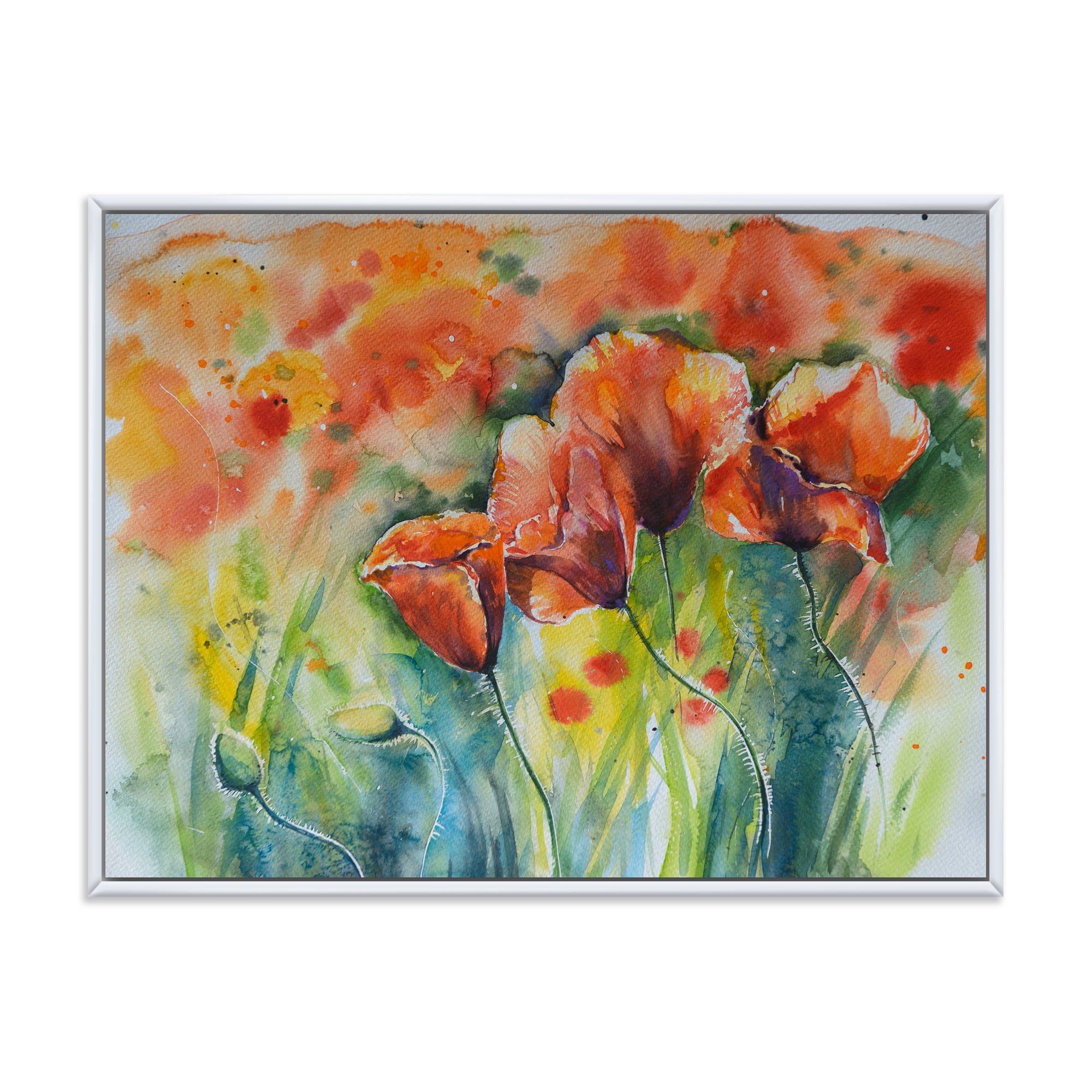 Designart 'Red Blossoming Poppies Over Wild Green IV' Traditional Framed Canvas Wall Art Print