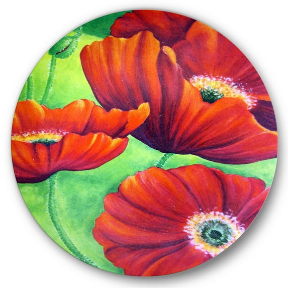 Designart 'Red Blossoming Poppies Over Wild Green V' Traditional Circle Metal Wall Art 11x11 - Disc of 11