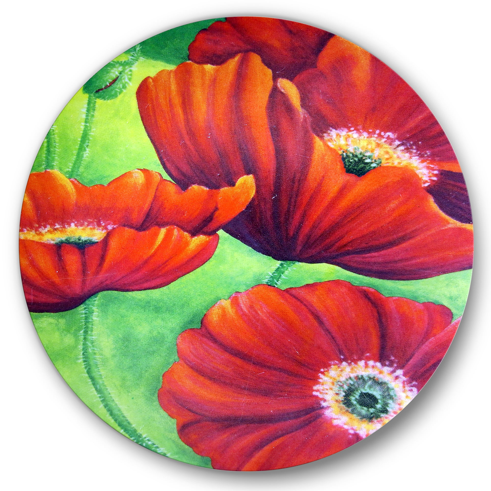 Designart 'Red Blossoming Poppies Over Wild Green V' Traditional Circle Metal Wall Art 36x36 - Disc of 36