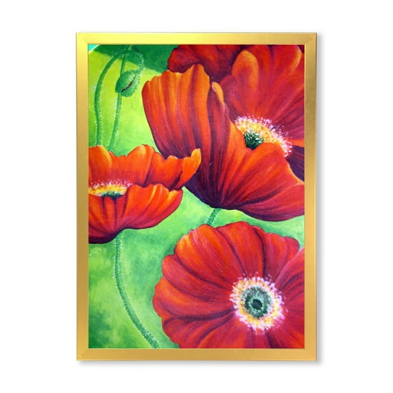 Designart 'Red Blossoming Poppies Over Wild Green V' Traditional Framed Art Print