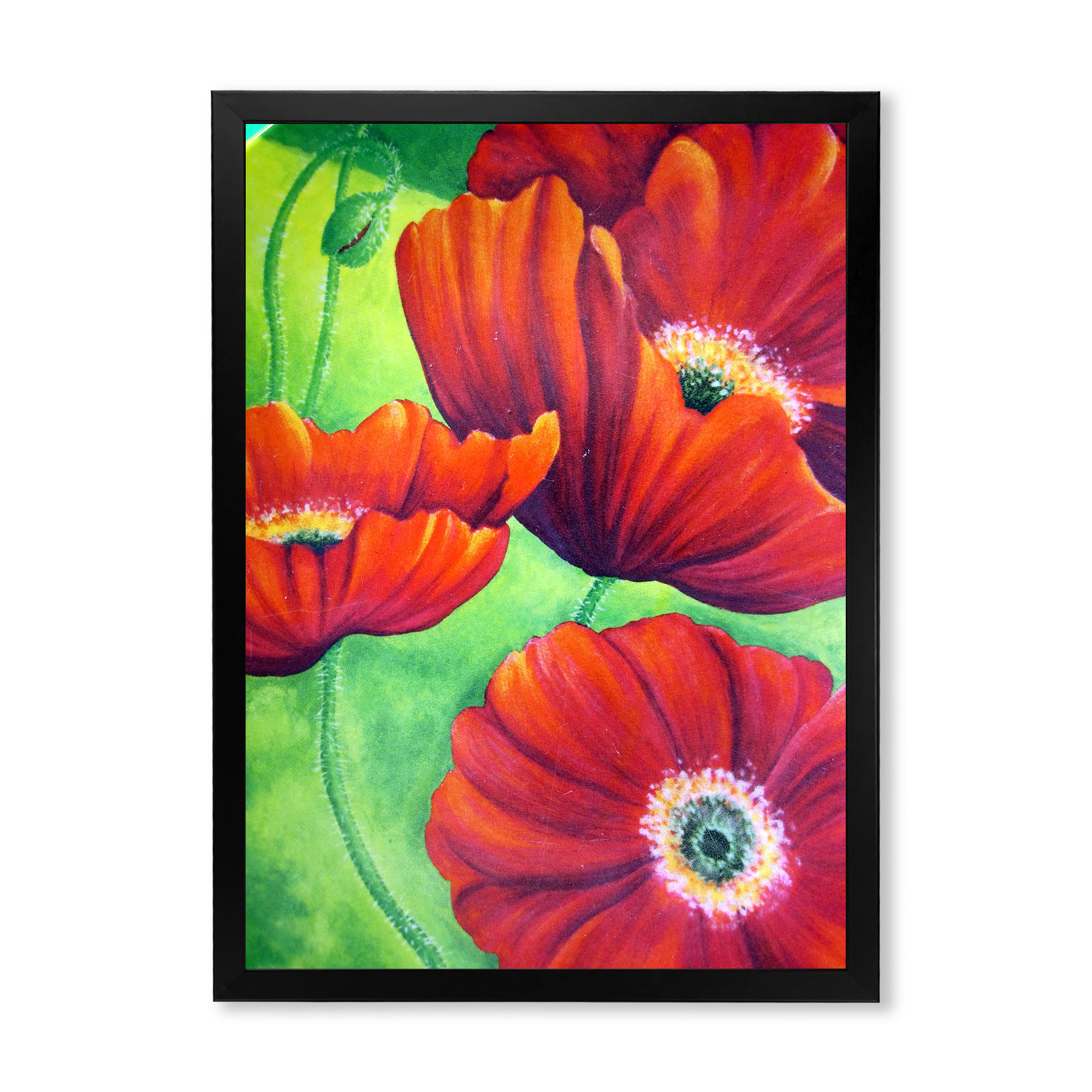 Designart 'Red Blossoming Poppies Over Wild Green V' Traditional Framed Art Print