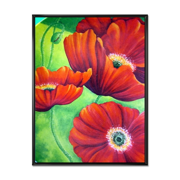 Designart 'Red Blossoming Poppies Over Wild Green V' Traditional Framed Canvas Wall Art Print