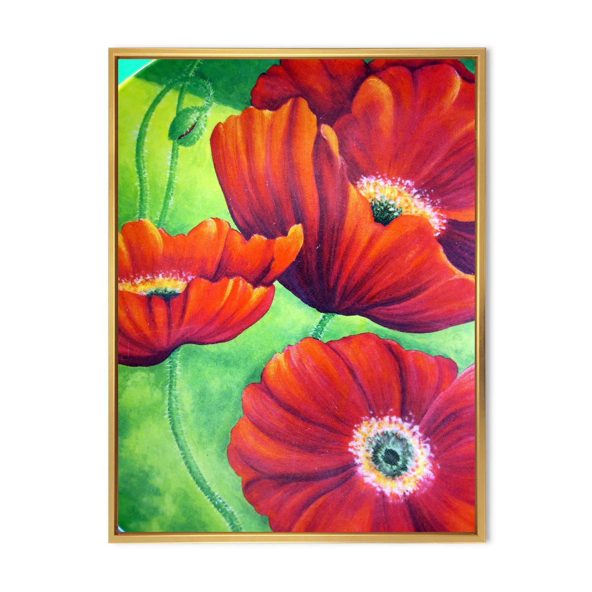 Designart 'Red Blossoming Poppies Over Wild Green V' Traditional Framed Canvas Wall Art Print