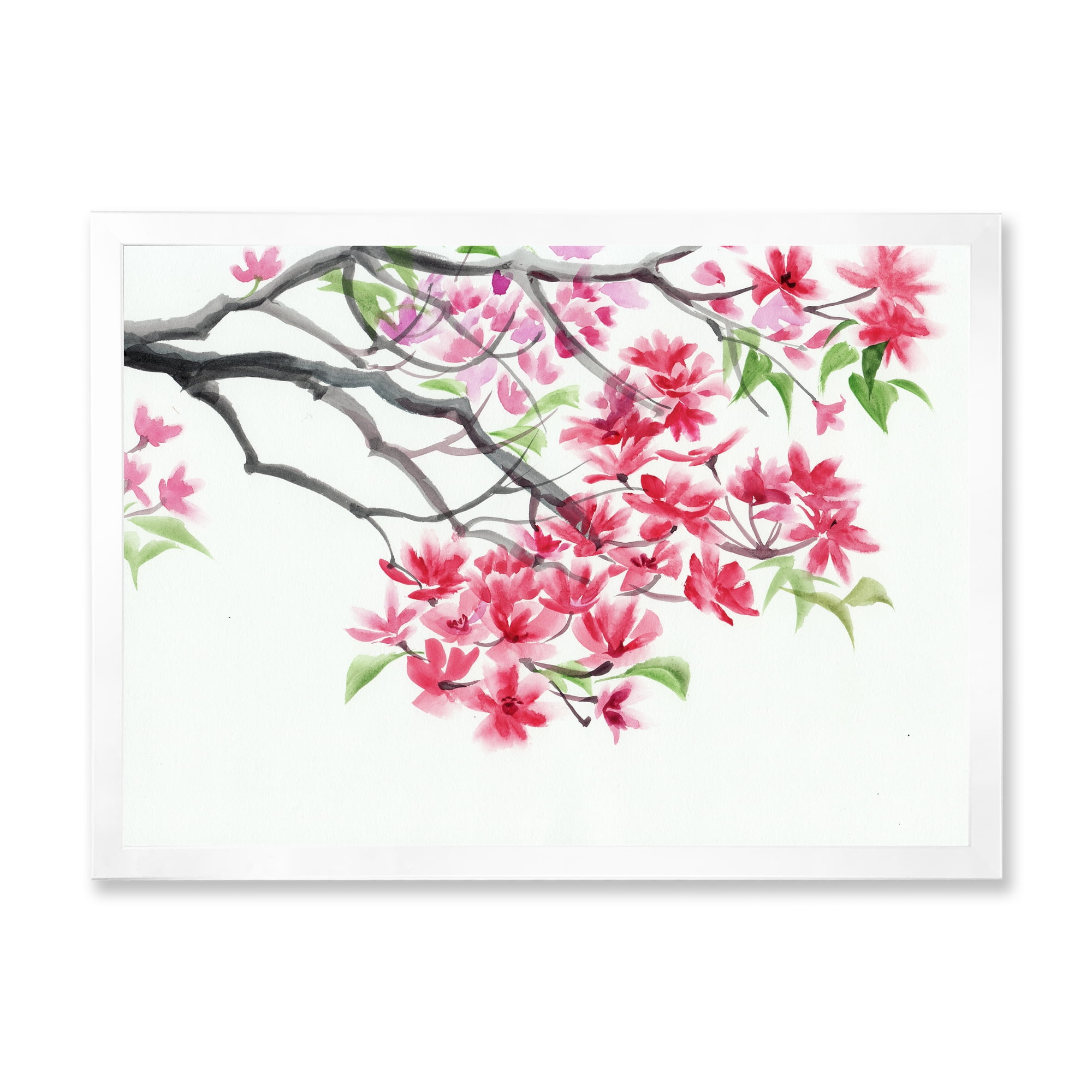 Designart 'Red Blossoming Tree On White' Traditional Framed Art Print