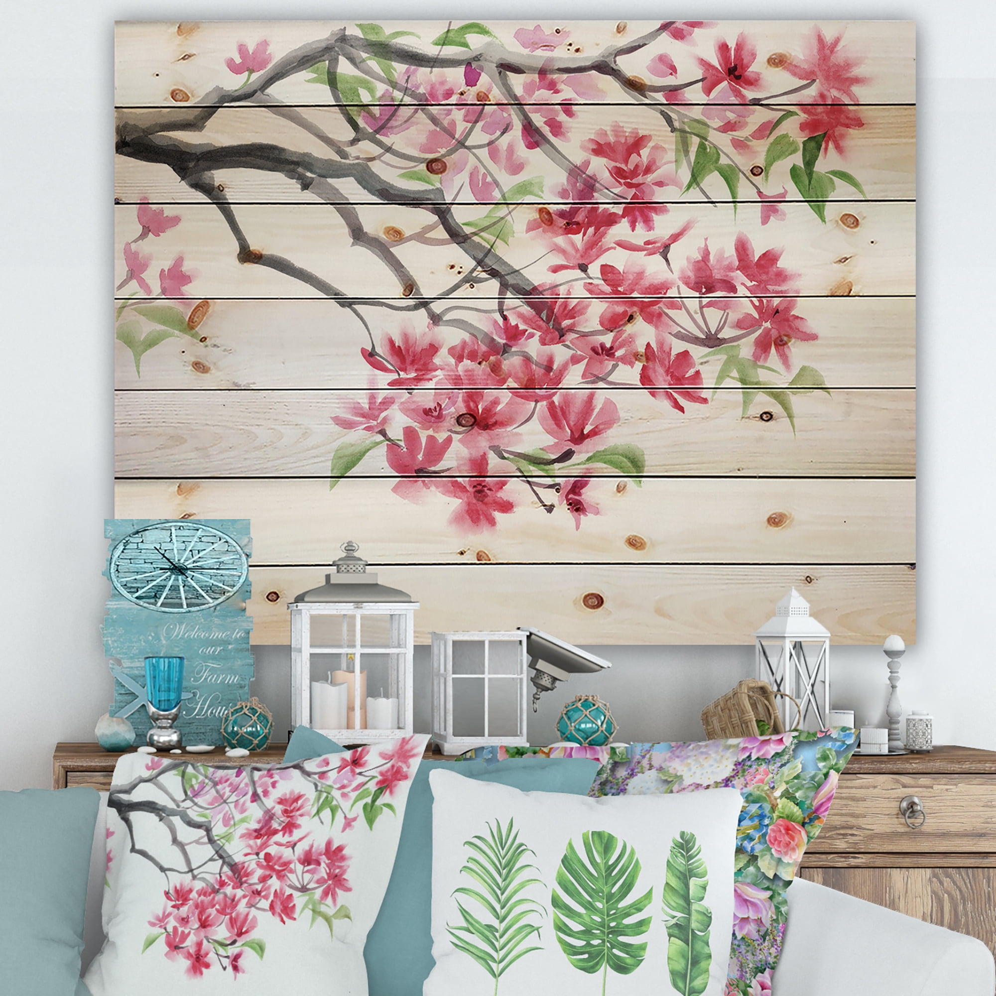 Designart 'Red Blossoming Tree On White' Traditional Print on Natural Pine Wood